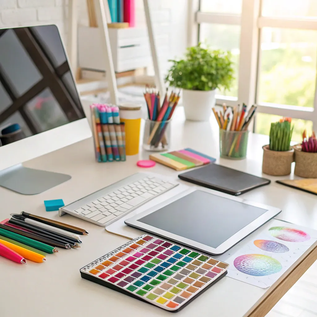 A colorful workspace filled with design tools